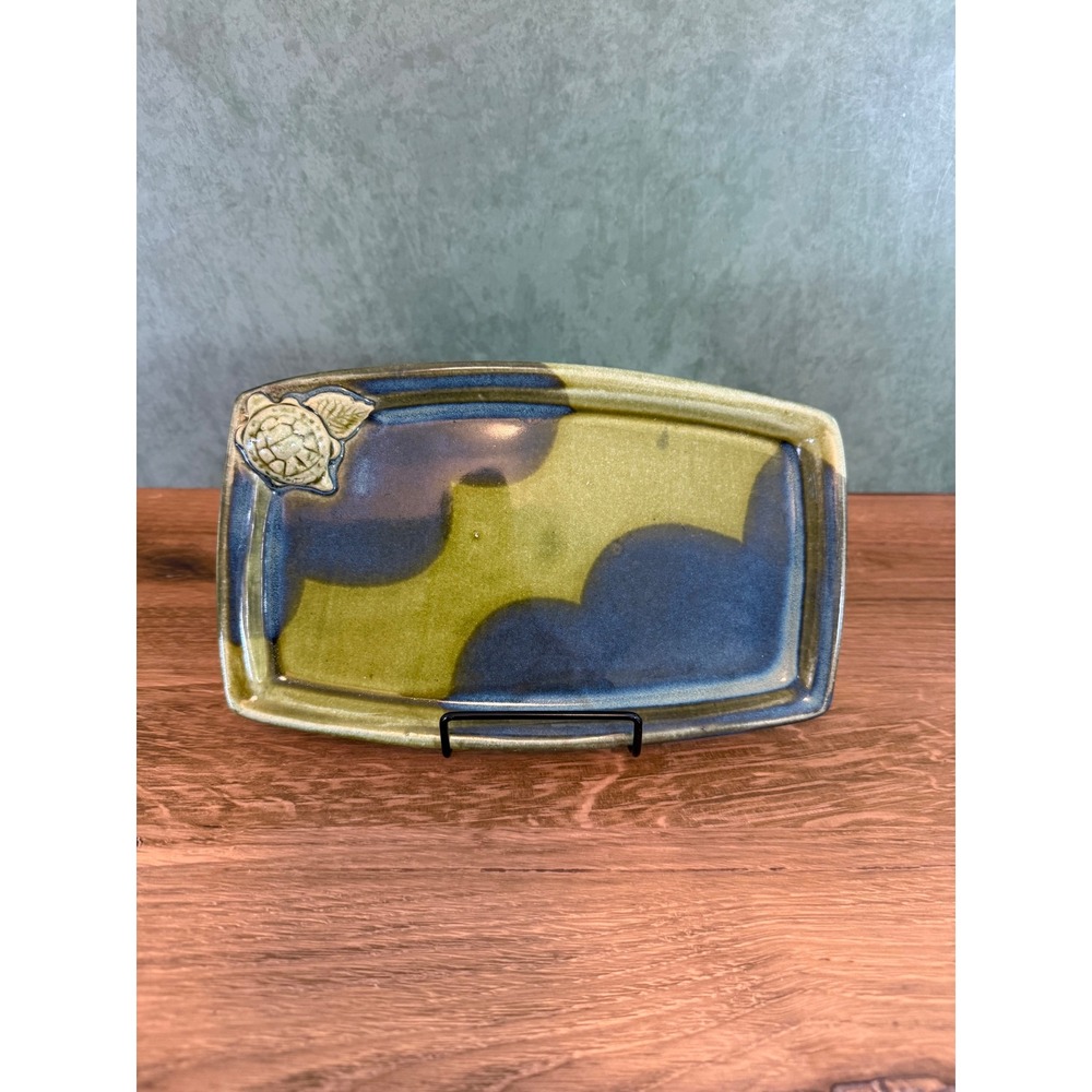 Providence Studio Pottery Turtle Stoneware Tray Green Blue Glaze Rectangular